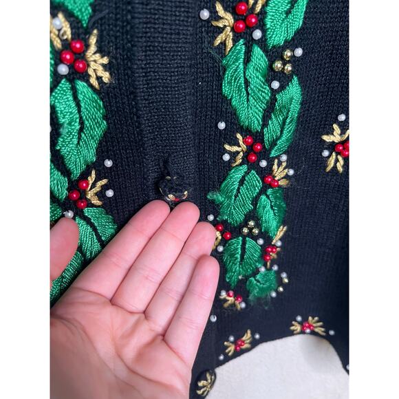 1990s BP Design Holly Gold Green Red Christmas Maximalist Bows Glam Cardigan M - Picture 4 of 8